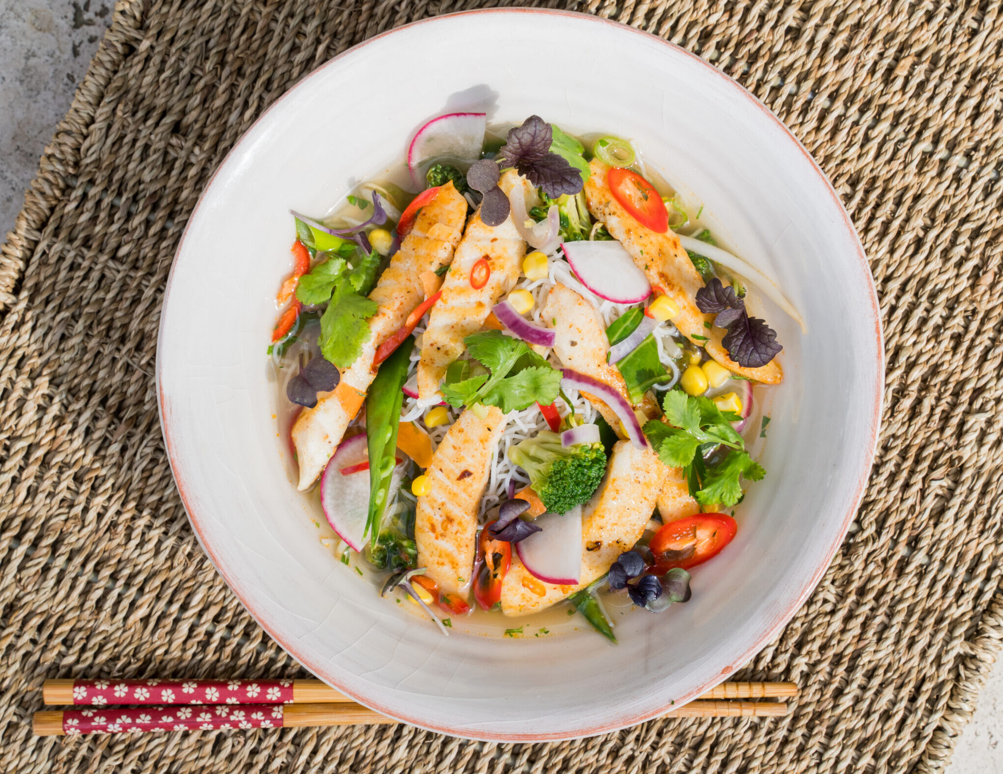 Thai Noodle Broth with Tilapia Fajita Fish Strips
